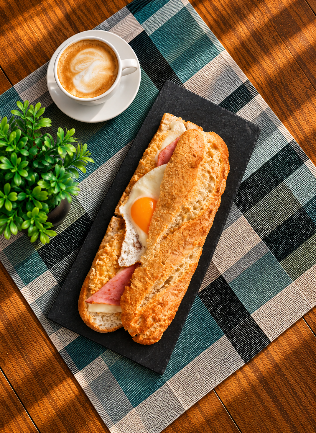 Fried egg, ham and cheese sandwich on slate with a coffee, seen from above.