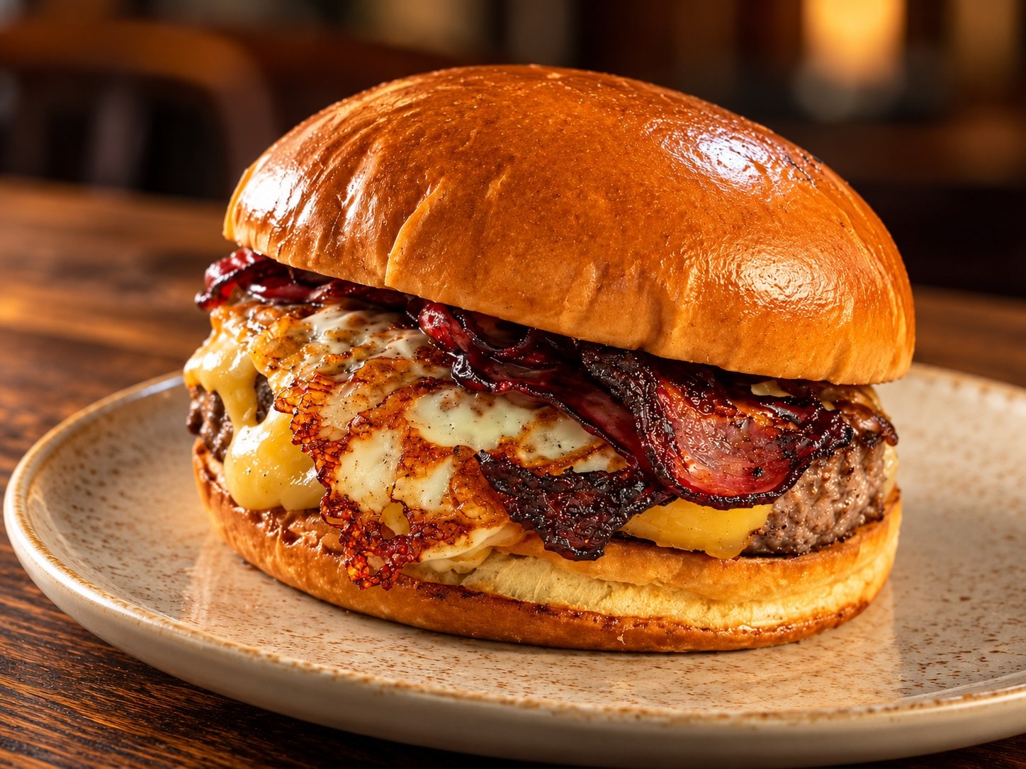 Hamburguesa en pan brioche con queso fundido y bacon, en plato de gres.