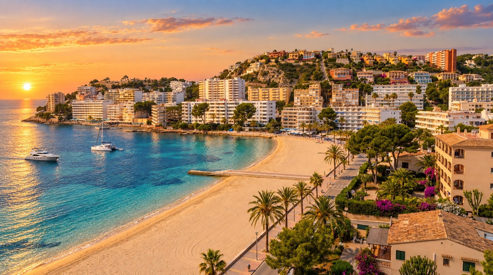 Atardecer sobre la bahía de Santa Ponça: playa, palmeras y edificios en la ladera.