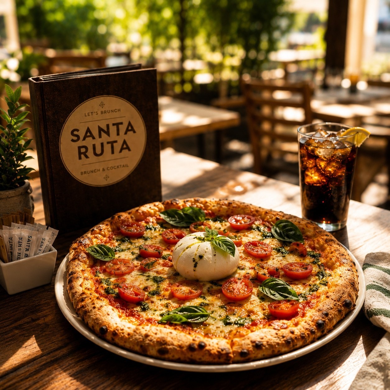 Pizza de tomate, albahaca y burrata sobre mesa de madera, con la carta de Santa Ruta.