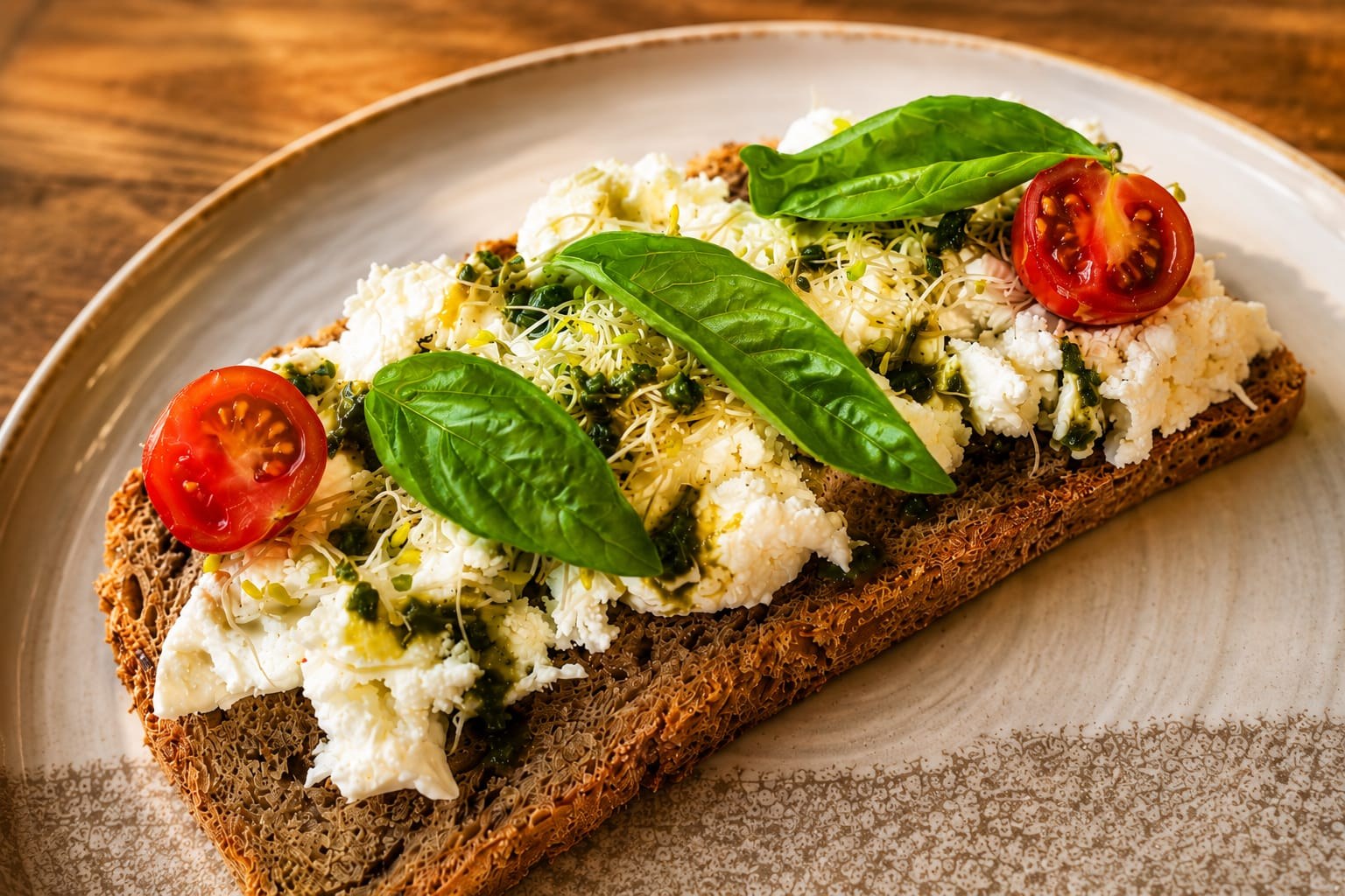 Tostada de pan de centeno con queso fresco, pesto, germinados, albahaca y tomate cherry.